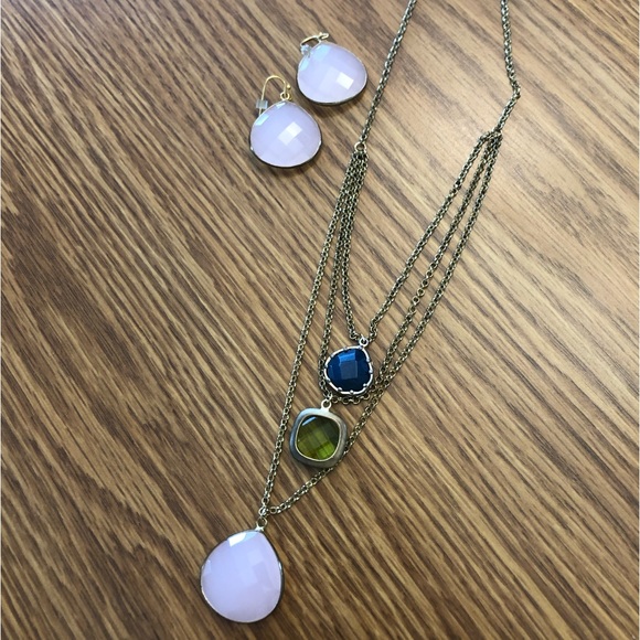 Anthropologie Set Layered Necklace 3 Tier w/Pink Earrings Faceted Stone Suite - Picture 2 of 5